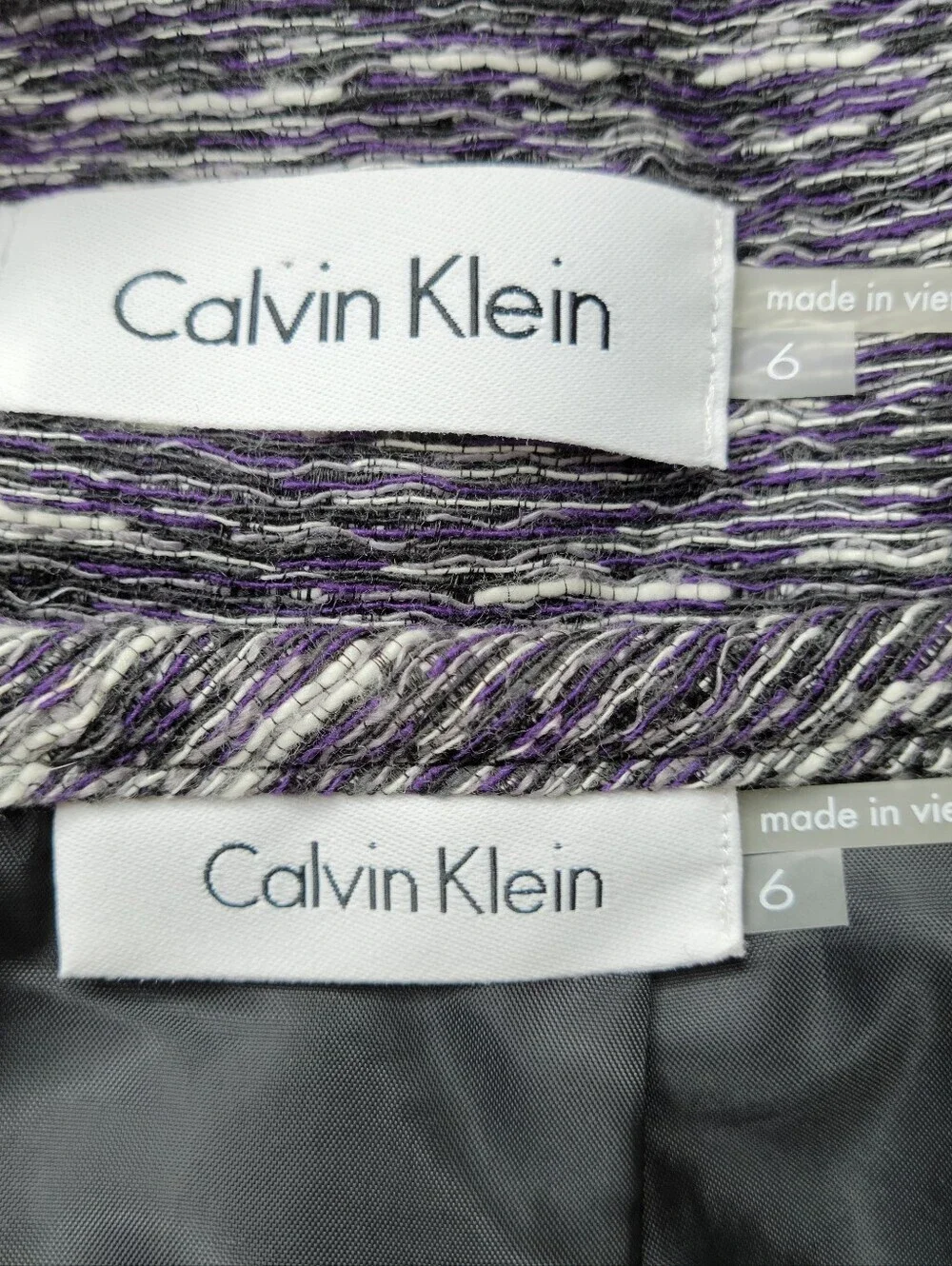 Calvin Klein Tweed Skirt Suit Size 6 Purple Black White Vented Cotton Linen Poly